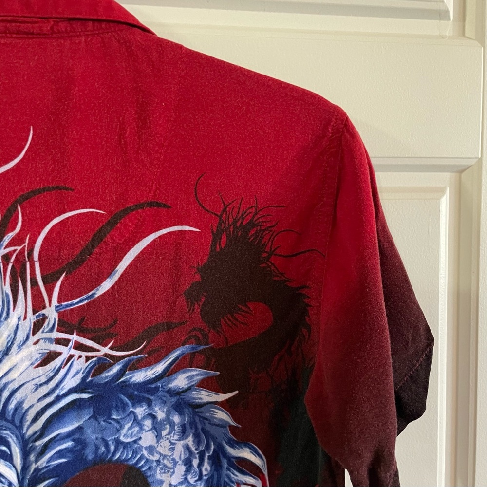 Vintage Y2K Dragon Shirt No Boundaries Flames Red Black Boy Size S 100%Rayon - Picture 9 of 16